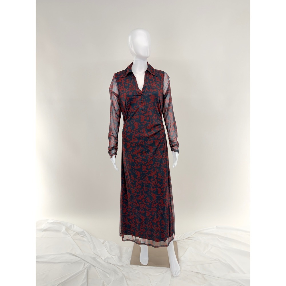 Madewell Mesh Floral Print Ruched Midi Dress Long Sleeve Collared Navy Red Sz L - Picture 3 of 10